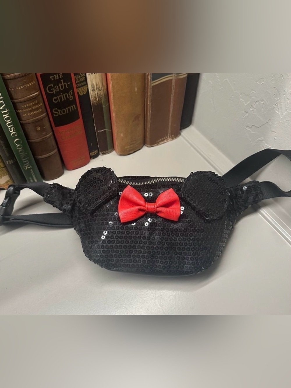 Loungefly Black Sequin Minnie Ear Belt Bag with Red Bow